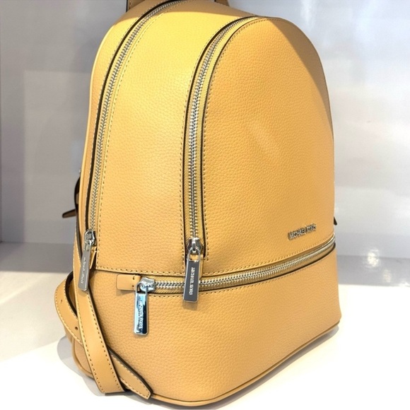Michael Kors Rhea Medium Pebbled Leather Backpack Peanut - Picture 6 of 11